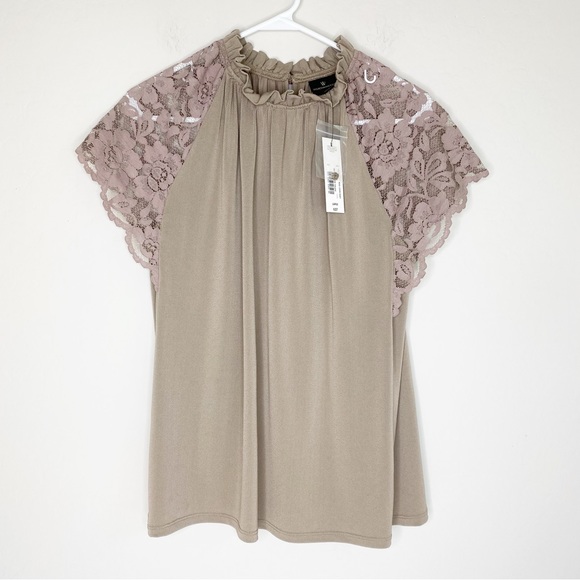 Worthington Tops - Worthington Lace Cap Sleeve Ruffled Blouse Mushroom Taupe Size L NWT